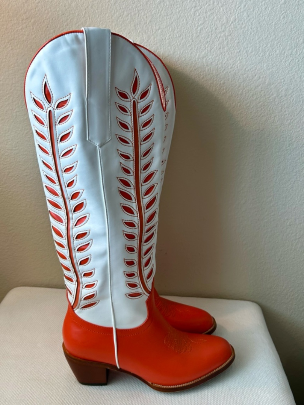 Cowboy Boot Tall Orange White Leaves Inlay Stitching Wide Calf Heel 1.5" Size 8 - Picture 5 of 13